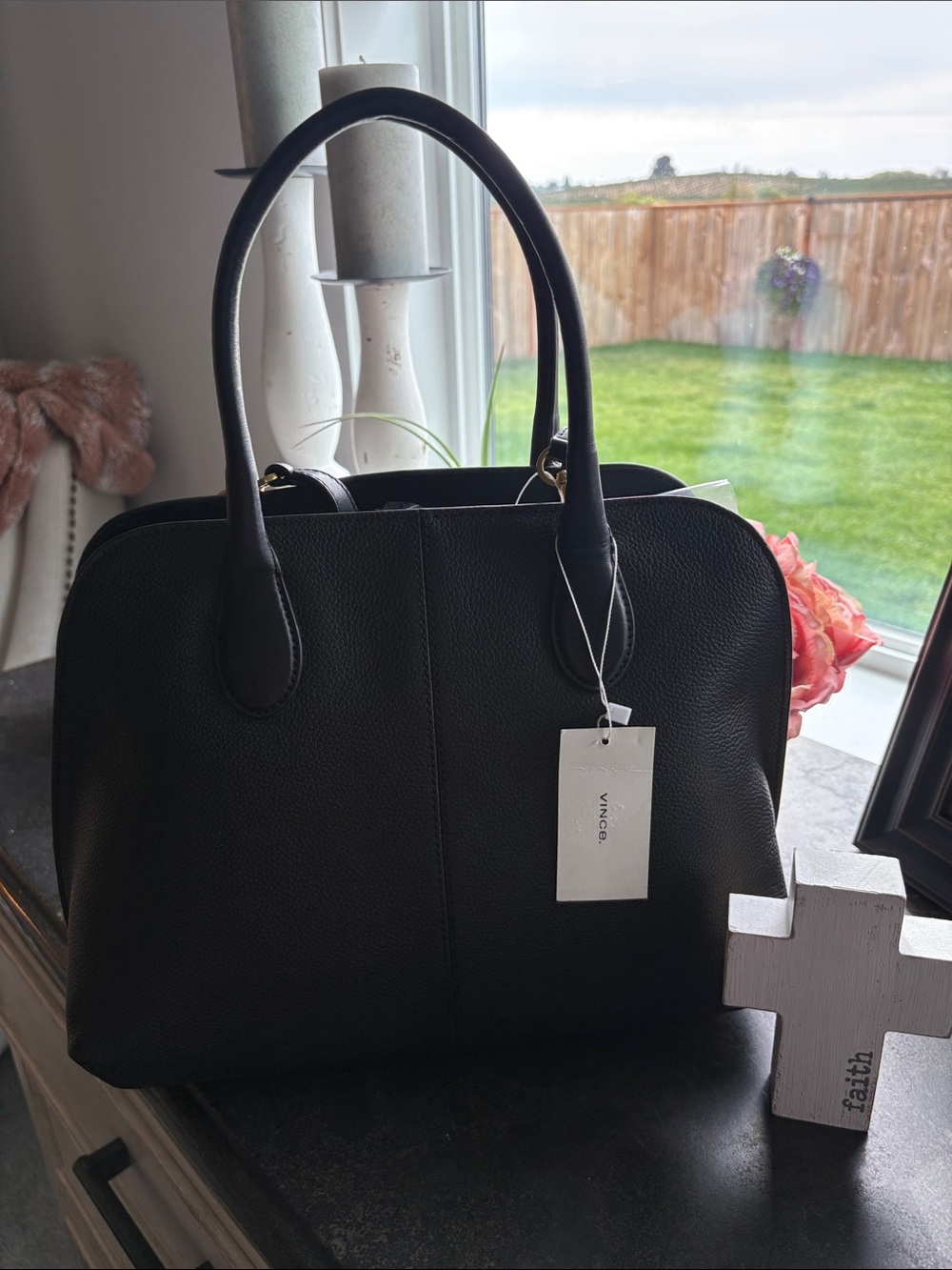 Vince Black Pebbled Leather Satchel with Dual Top Handles